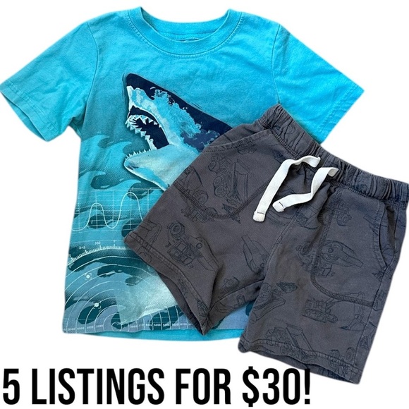 Carter’s 4T Toddler Boy Blue Shark T-Shirt & Gray Construction Sweat Shorts Set - Picture 1 of 8